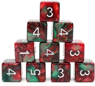 10D6 | Dobbelstenen - Set Van 10 Stuks - Rood Groen en Wit | Voor D&D en Andere Rollenspellen | Plastic Dobbelstenen Set voor Dungeons and Dragons | RPG | Zwarte Velvet Dice Bag voor Ongeveer 3 Sets