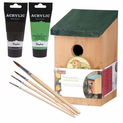 Houten vogelhuisje/nestkastje 22 cm - in het zwart/groen maken - Dhz schilderen pakket - 2x tubes verf en kwasten