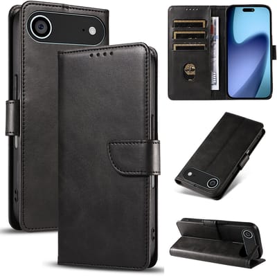 Bookcase Hoesje Geschikt voor iphone 17 Air – Luxe PU Kalfsleer Telefoonhoes – Portemonnee Hoesje met Kaartvakken, Contant Geldvak, Magneetsluiting & Standaardfunctie - Zwart