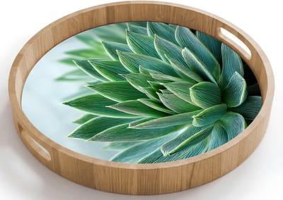 Dienblad rond 40x40 cm - Schootdienblad hout - Vetplant - Bladeren - Groen - Wazig - Borrelplank rechthoek - Plateau houten dienbladen