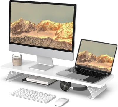 Famanu – Monitorstandaard voor twee monitoren - compacte bureauverhoger met organizerfunctie voor pc en laptop - stevig ontwerp met hoog draagvermogen - wit - 80 x 23,5 x 10 cm