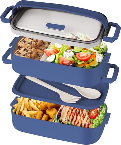 Famanu – Broodtrommel - lunchbox voor volwassenen - stapelbaar - 1600 ml - Bento lunchbox met gebruiksvoorwerpen - 2 vakken - verstelbaar - lekvrij - BPA-vrij - magnetronbestendig - blauw
