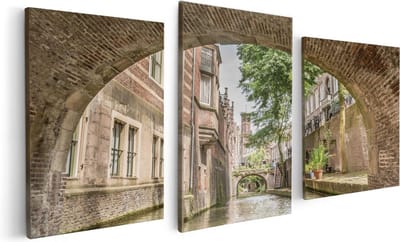 Artaza Canvas Schilderij Drieluik Gracht In Utrecht Onder De Brug - 120x60 - Foto Op Canvas - Canvas Print