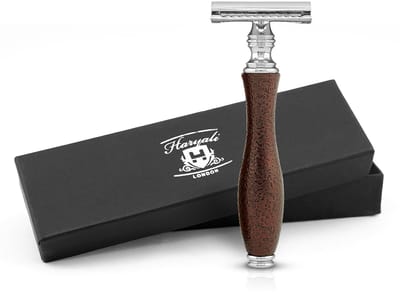 Haryali London Double Edge Safety Razor voor mannen en vrouwen - Metallic Double Edge Razor - Reliëfontwerp - Herbruikbaar scheermes - Kastanjebruin - Past op alle DE-mesjes