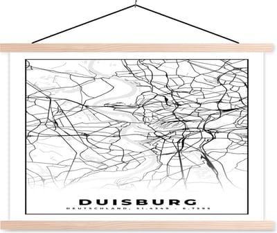 Posterhanger incl. Poster 90x60 cm - Schoolplaat - Kaart - Duisburg - Stadskaart - Plattegrond - Textielposter - Blanke latten - Stadskaart