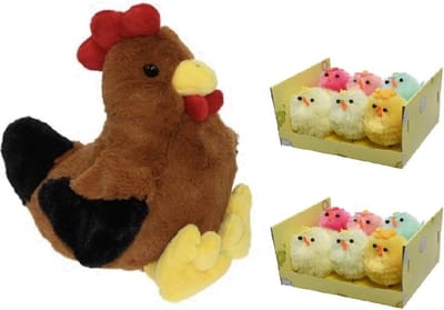 Decoris Pluche bruine kippen knuffel - 25 cm - met 12x stuks mini kuikentjes 4 cm - Paas/pasen decoratie