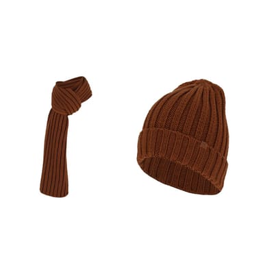 Grofgebreide sjaal + muts heren - Fashion - One size - Midden Bruin / One size