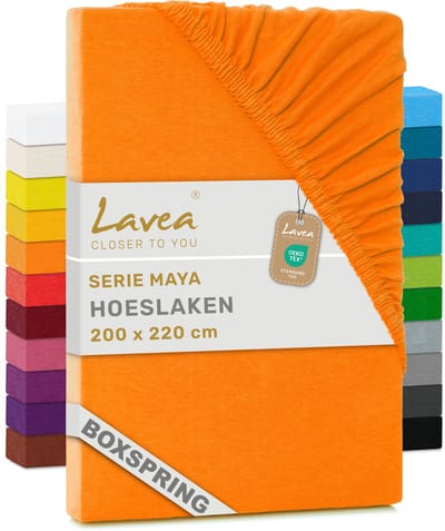 Lavea® Set van 2 Hoeslakens 200x220 cm – 100% Zacht en Ademend Katoen – voor Dikke Matrassen tot 35 cm – Jersey met Elastiek rondom – Zonsondergang Rood