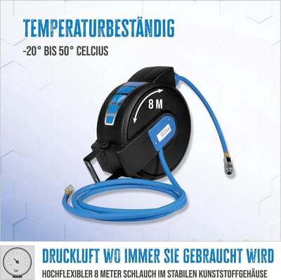 Automatische slanghaspel 8 m overrijdbaar - wandmontage - metalen beugel - kunststof behuizing - blauw zwart - tuinslang opbergsysteem Tuinslang haspel