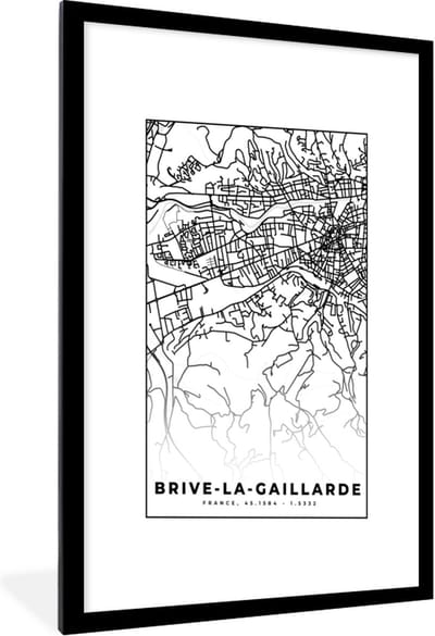 Fotolijst incl. Poster Zwart Wit- Kaart - Brive-la-Gaillarde - Plattegrond - Frankrijk - Stadskaart - Zwart wit - 60x90 cm - Posterlijst
