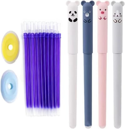 Set van 4 uitwisbare gelpennen met 10 blauwe navullingen en 2 gummen, schattige dierenontwerpen, 0.7 mm voor school, kantoor en cadeau-ideeën.