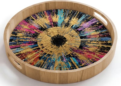 Dienblad rond 40x40 cm - Schootdienblad hout - Explosie - Goud - Kleurrijk - Abstract - Borrelplank rechthoek - Plateau houten dienbladen