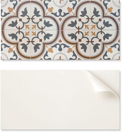 Decoratief vinylpaneel met afbeelding voor keuken of badkamer, 100x50 cm, bloemen- en ruitpatroon.