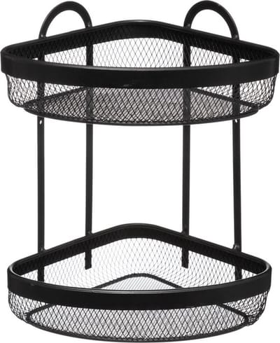 Creartix® Doucherek 2 niveaus - Zwart - Hoekschapjes – Hoek Mandjes – Opberg Mandjes – Hoekrekje – Neerzetten of Ophangen - Douchemandje – Kruidenrekje – Mesh – Doucherek Metaal – Industrieel – 23 x 23 x 33,5cm