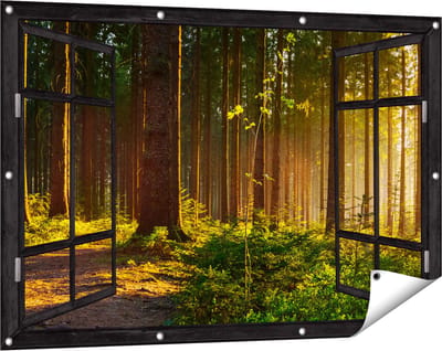 Gards Tuinposter Doorkijk Bos met Zon tussen de Bomen - 120x80 cm - Tuindoek - Tuindecoratie - Wanddecoratie buiten - Tuinschilderij