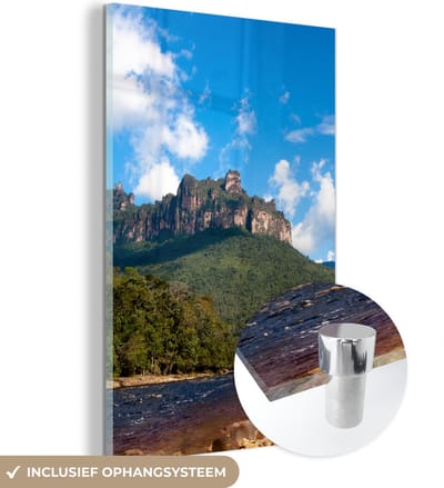 ® Glasschilderij 120x180 cm - Schilderij acrylglas - Meer voor het berglandschap van het Nationaal park Canaima in Venezuela - Foto op glas - Muurdecoratie woonkamer - Wanddecoratie slaapkamer - Schilderijen
