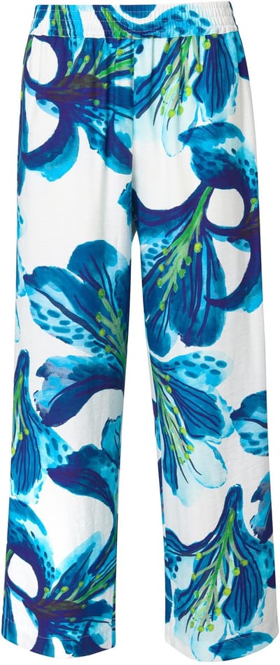 Ulla Popken - Dames - Broek bloemen wijde pijp elastische tailleband - Donkermarine - Maat 42+