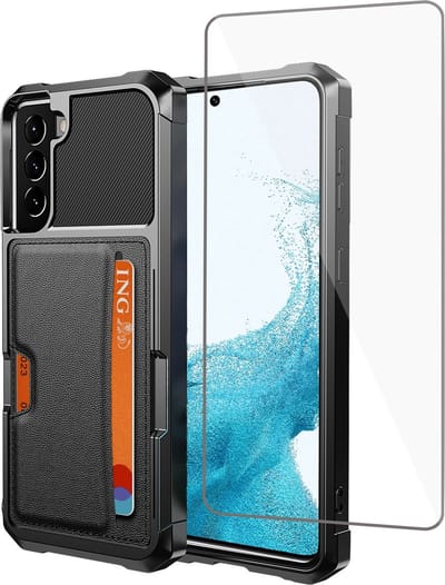 Geschikt voor Samsung S21 FE Pasjes Houder Hoesje + Screenprotector – Gehard Glas Cover - Magnetisch Portemonnee Hoesje - Zwart