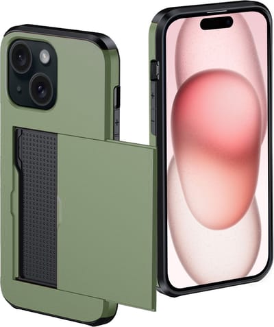 Hoes Geschikt voor iPhone 15 Hoesje Pasjeshouder Hard Cover Shock Proof Hard Case Hoes Met Kaarthouder - Donkergroen