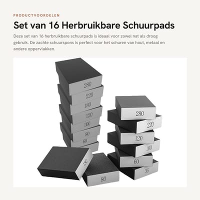 Dailygoods- Schuurspons 16 Stuks - Zachte Schuurspons - Herbruikbare Schuurpads - Korrel 36/60/80/100/120/180/220/280 - Nat/Droog Gebruik - 100 x 75 x 25 mm - Schuurpad