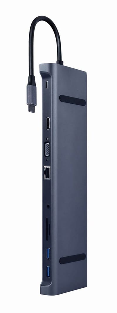Gembird USB Type-C 10-in-1 Multipoort Adapter - Space Grey - Hub + HDMI + VGA + PD + Kaartlezer + LAN + Audio