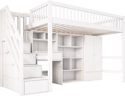 Kinderbed - Hoogslaper - Eenpersoonsbed - Multifunctioneel Bed - Met Bureau - Met Kledingkast - Met Trap - Opbergruimte - Kinderkamer - 90x200cm - Ruimtebesparend - Wit
