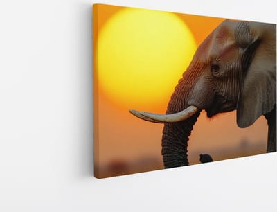 Saammp Canvas Schilderij - Olifant met grote zon - Afrika - Dieren - 45x30 - Foto op canvas - Wanddecoratie - muurdecoratie Woonkamer - Slaapkamer decoratie - Canvas Print