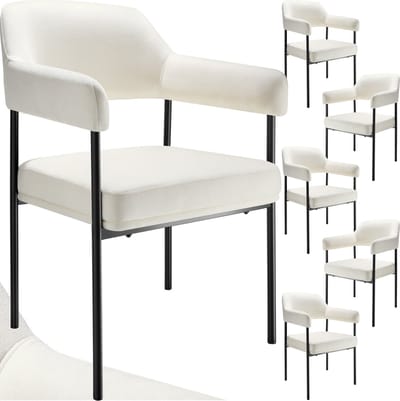 tectake® Eetkamerstoel met Armleuning - Set van 6 Eetkamerstoelen - Geweven stof - Open Rugleuning - Gestoffeerd met Stalen Poten - Stoelen voor Eetkamer - Gebroken Wit