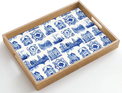 Dienblad hout 50x35 cm - Schootdienblad - Huizen - Schepen - Blauw - Borrelplank rechthoek - Plateau dienbladen