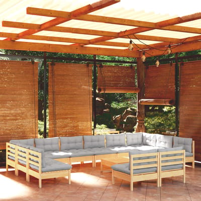 vidaXL - 13-delige - Loungeset - met - grijze - kussens - massief - grenenhout
