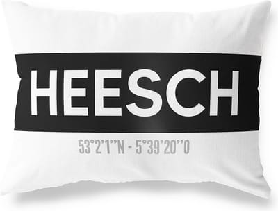 Tuinkussen HEESCH - NOORD-BRABANT met coördinaten - Buitenkussen - Bootkussen - Weerbestendig - Jouw Plaats - Studio216 - Modern - Zwart-Wit - 50x30cm