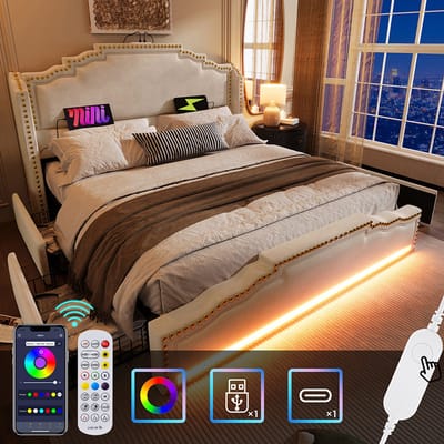 YEHTOKHOME Gestoffeerd bed 140x200 cm met opbergruimte, Tweepersoonsbed met 4 lades, LED verlichting, USB Type C-oplader, Opbergbed volwassen bed met lattenbodem, Fluweel, Retrostijl, Beige (zonder matras)