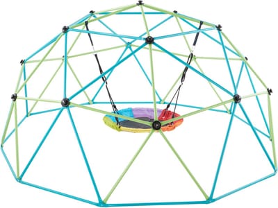 10FT geometrische klimkoepel met schotelschommel, draagvermogen 1000 lbs, buitenspeeltoestel voor kinderen van 3-10 jaar, eenvoudig te monteren speeltoestel voor in de achtertuin