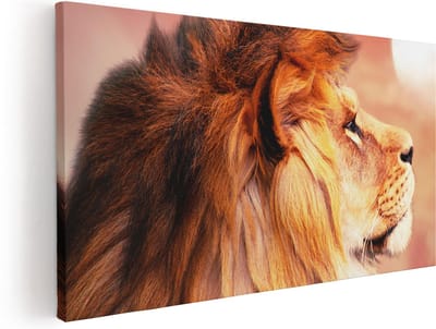 Artaza Canvas Schilderij Leeuw - 40x20 cm - Klein - Wanddecoratie Dieren - Muurdecoratie Zonsondergang - Schilderijen Op Canvas