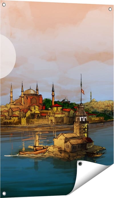 Gards Tuinposter Illustratie van de Maiden's Tower in Istanbul - 60x90 cm - Tuindoek - Tuindecoratie - Wanddecoratie buiten - Tuinschilderij