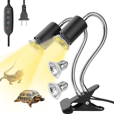 Verwarmingslamp voor terrarium met dubbele kop, E27 fitting, 25W/50W, UVA/UVB, 360° draaibare klem voor reptielen en schildpadden