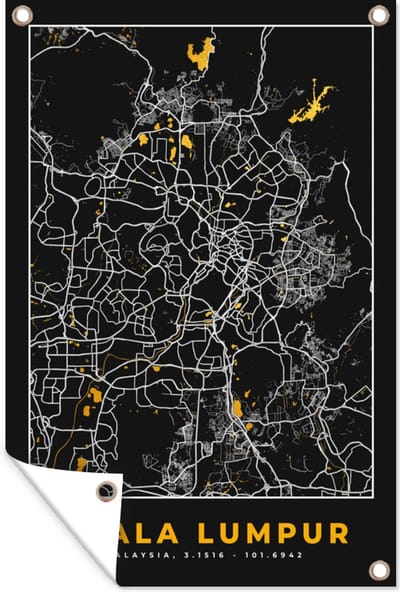 Muurdecoratie Kuala Lumpur - Stadskaart - Plattegrond - Goud - Kaart - 120x180 cm - Tuinposter - Tuindoek