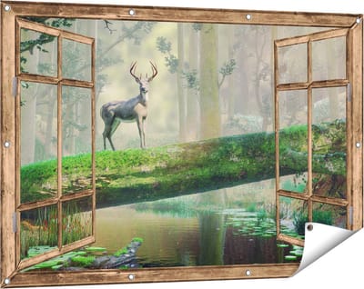 Gards Tuinposter Doorkijk Hert in het Bos op een Boom - 120x80 cm - Tuindoek - Tuindecoratie - Wanddecoratie buiten - Tuinschilderij