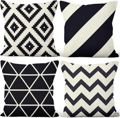 Set van 4 kussenslopen – zwart-wit geometrisch gestreept, minimalistisch design, van zachte korte pluche, vierkante kussenslopen voor bank, slaapkamer, auto, stoel en woondecoratie, 45x45cm