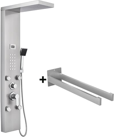 Auralum max Douchepaneel met Massage - Regendouche - Massage Jets - Met 2-armig Handdoekrek - Digitaal Display - Zilver - Opbouw - Wellness - Jetstralen