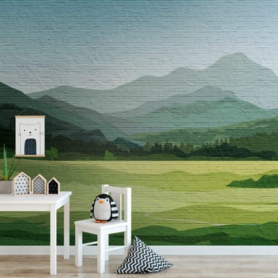 Fotobehang Profhome 382981-GU vliesbehang hardvinyl warmdruk in reliëf glad met landschappen mat groen blauw grijs 3,71 m x 2,8 m