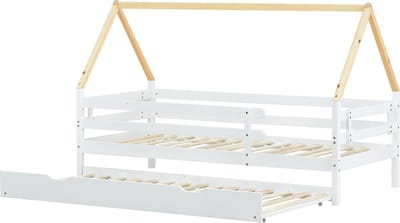 REDOM huisbed met uittrekbaar rollend onderbed 90x200 cm – Wit/naturel – FSC – 100 kg draagkracht