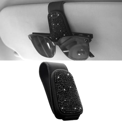 SnelShoppen - Bling Car Zonnebril Houder Visor Magnetisch Lederen Zonnebril Klem Rhinestone Bril Beugel Voor Vrouwen Meisjes (Zwart)