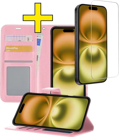 Hoesje - Met Screenprotector - Geschikt voor Apple iPhone 16 - Luxe Pasjeshouder - Bookcase Portemonee - Flip Case - Kunstleer Book Case - Flipcase - Book Cover - Walletcase - Portemonneehoes - Telefoonhoesjes - Lichtroze