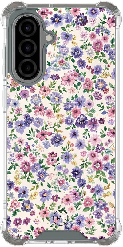 Hoesje (shockproof) geschikt voor Samsung Galaxy A36 - Paarse bloemen - Extra sterke case - TPU/polycarbonaat - Bloemen - Paars, Transparant