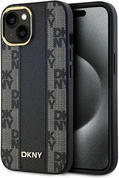 DKNY Leren MagSafe-hoesje met geruit monopatroon voor iPhone 14/15/13 - Zwart