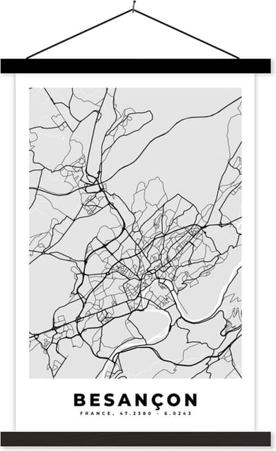 Posterhanger incl. Poster 40x60 cm - Schoolplaat - Plattegrond - Kaart - Stadskaart - Frankrijk - Besançon - Textielposter - Zwarte latten - Stadskaart
