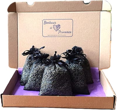 Bonheur de Provence© -lavendel geurzakjes - biologische lavendel - 5 zwarte organza zakjes in luxe verpakking - 12 gram gedroogde lavendel per zakje - geurzakjes kledingkast