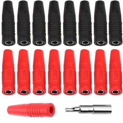 16-delige set vrouwelijke banaanstekkers 4mm met koperen isolatie, geschikt voor luidsprekers, versterkers en audioverbindingen (Zwart/Rood)