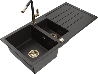 Mexen Andres granieten spoelbak met 1,5 kamers, afdruiprek en Flora keukenmengkraan, zwart/goud - 6515-75-670401-57-G